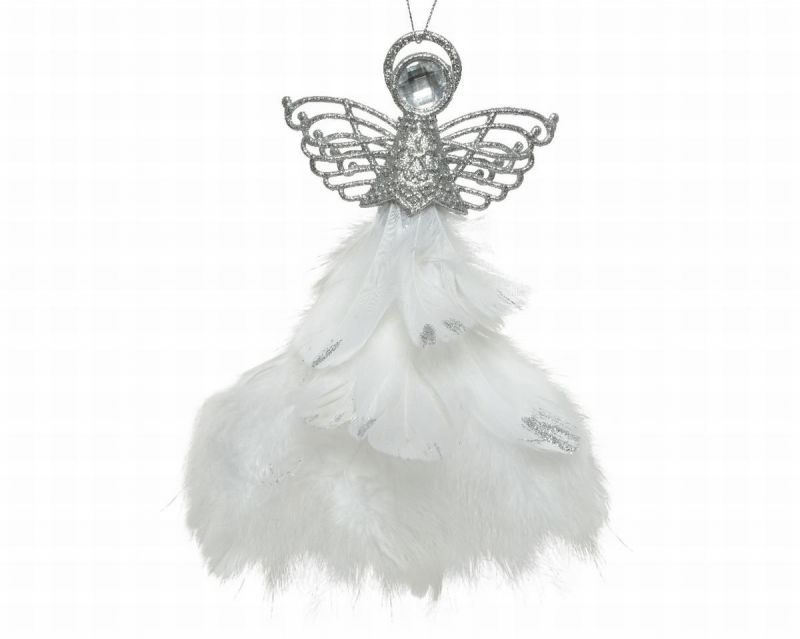 colgante angel c/plumas 21cm plata/blanco