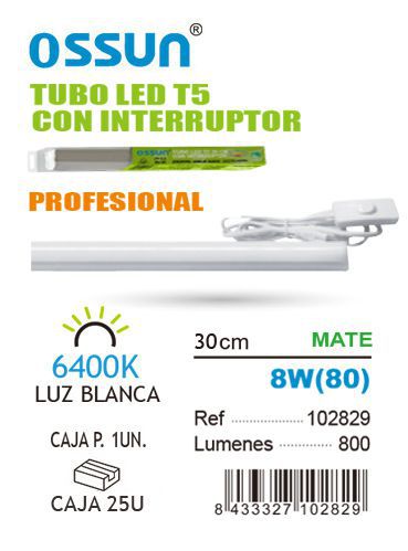 tubo led t5 30cm 8w 6400k con interruptor
