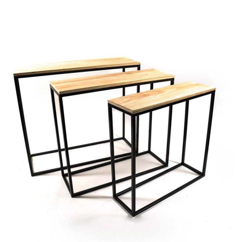 set 3 mesas madera/metal 80x28x70cm 70x24x65cm 60x