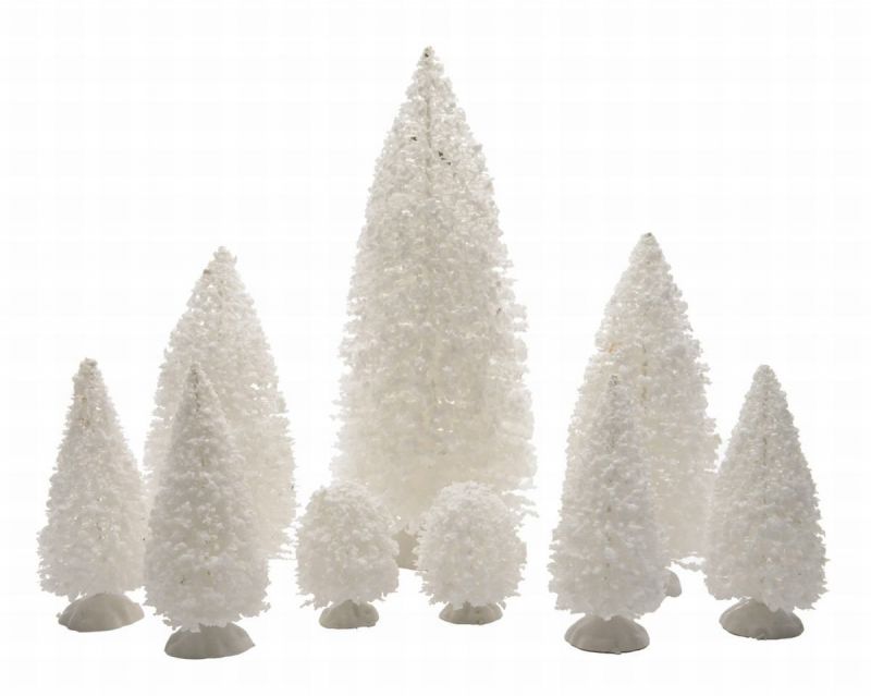 set 9 pinos navidad mini nevados 22,5cm escenas iluminadas